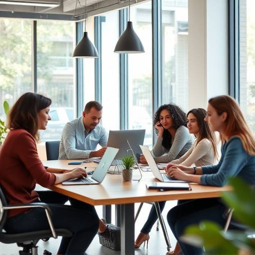 Equipo de Elocuencia Moderna reunido en un ambiente de trabajo colaborativo