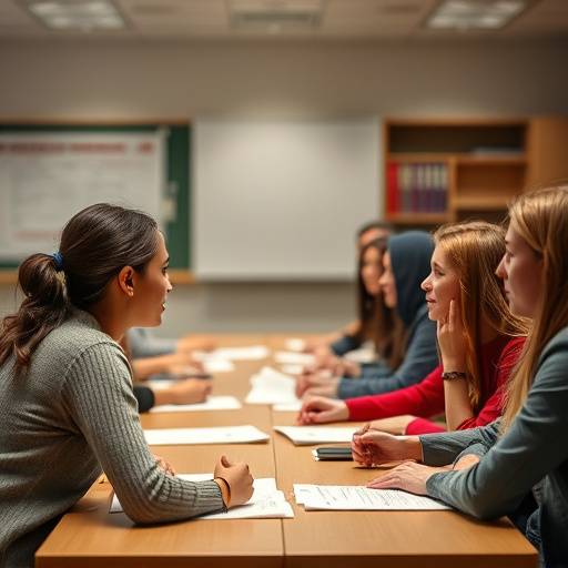 Estudiantes interactuando en un ambiente de aula mientras aprenden técnicas de persuasión.